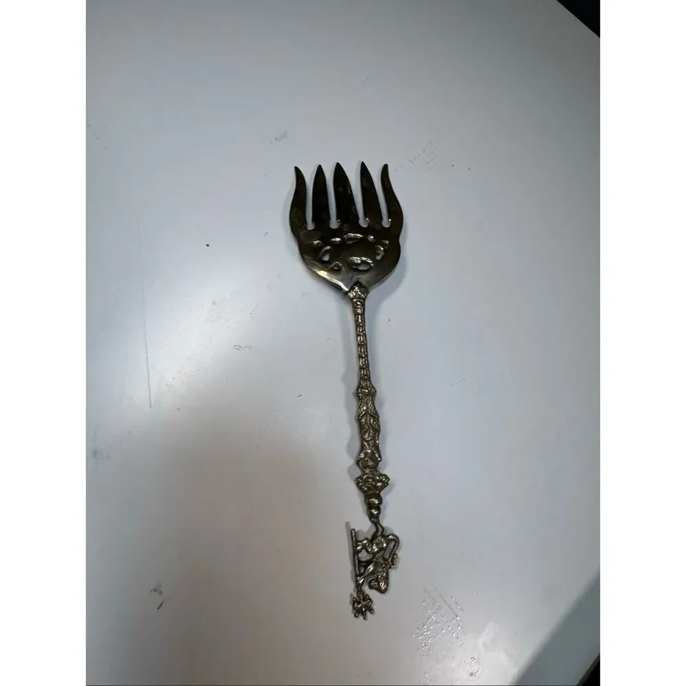 Vintage Italian Silverplate Serving Fork Cherub Lion Figural Italy 10 Inch